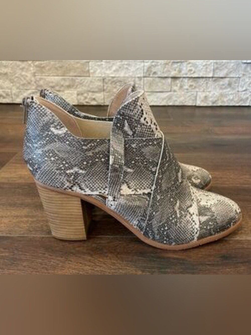 BCBGeneration Gray Snake-Print Block Heel Booties